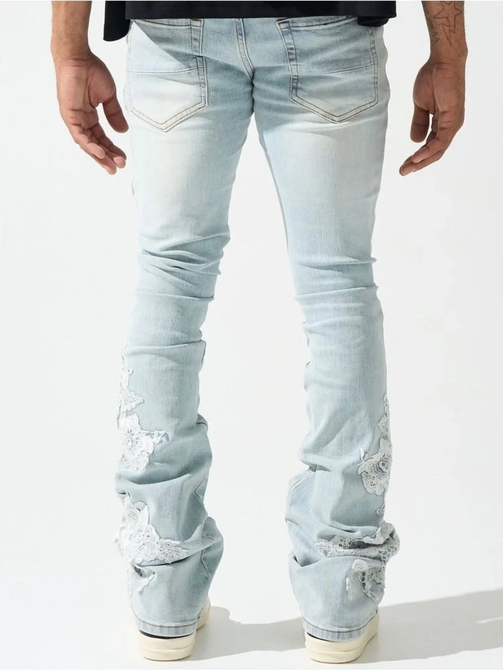 Serenede Garden Stacked Lace Applique Light Wash Unisex Denim Jeans 